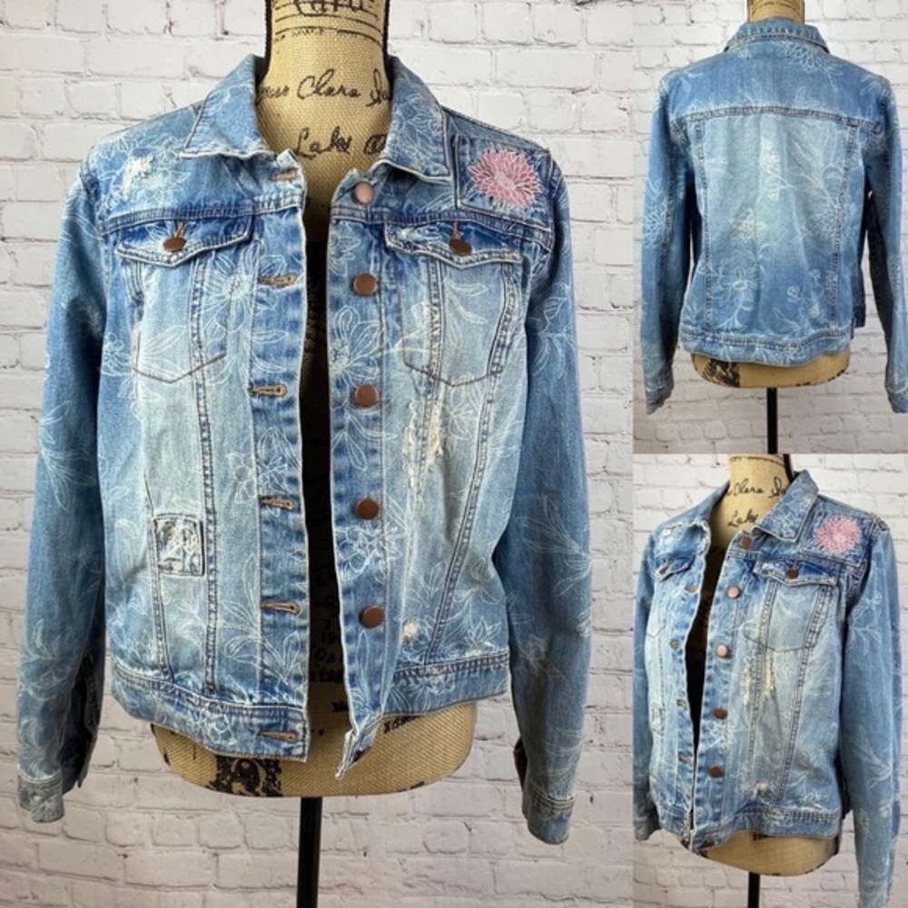 Cato Distressed Denim Embroidered Jean Jacket